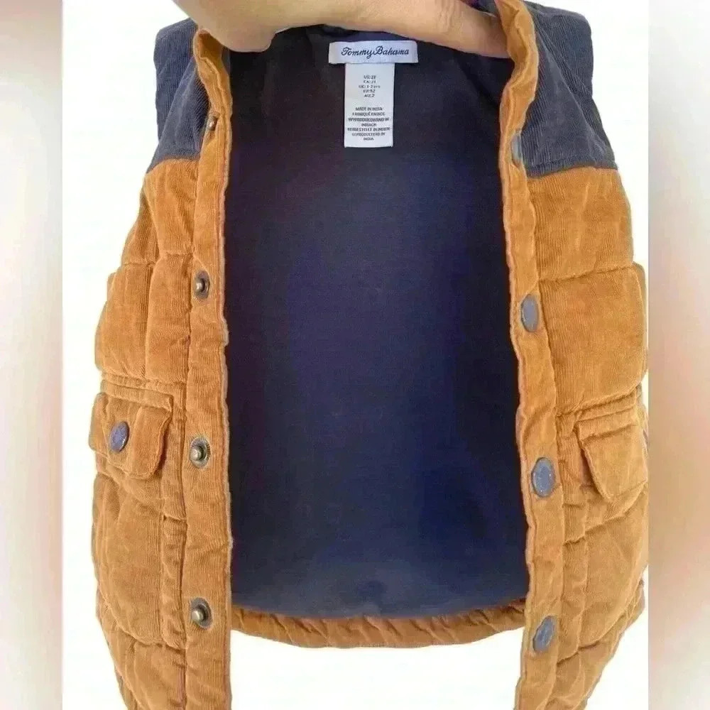 TOMMY BAHAMA boys corduroy blue/brown pockets button down, 2T Vest gently used - Picture 3 of 6
